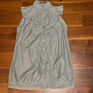 Grey and white striped tunic with ruffle details